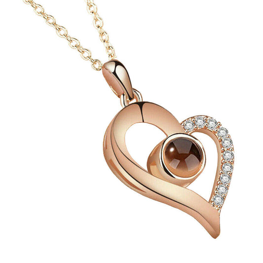 Rosegold Plated 100 Language I Love You Projection Heart Pendant Necklace
