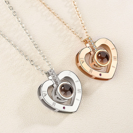 I LOVE YOU 100 Languages Projection Heart Silver/Gold Plated Love Necklace